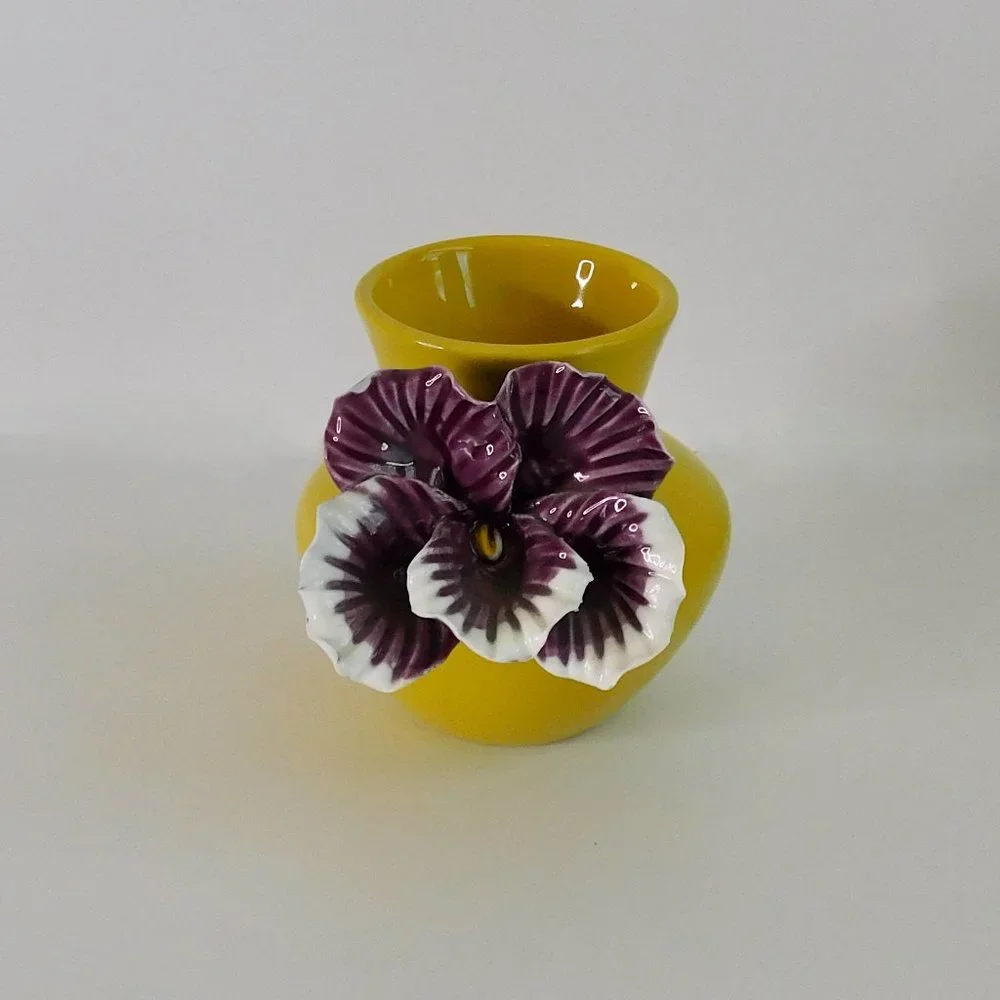 Anthropologie Yellow Ceramic Bud Vase with Purple & White Floral Accent